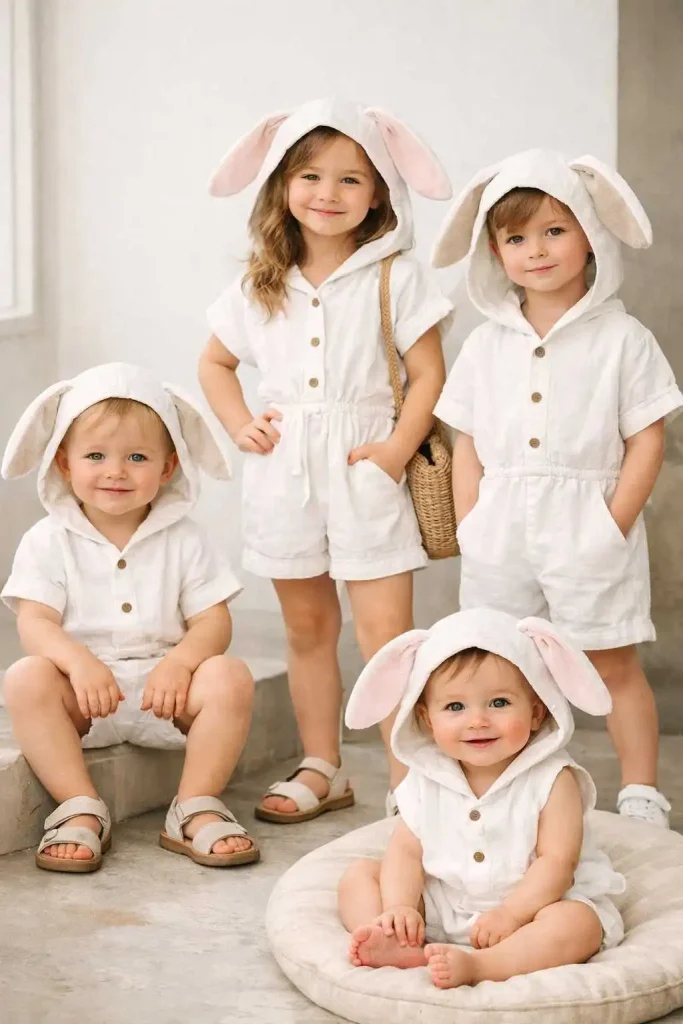 Classic White Cotton Romper with Bunny Ears